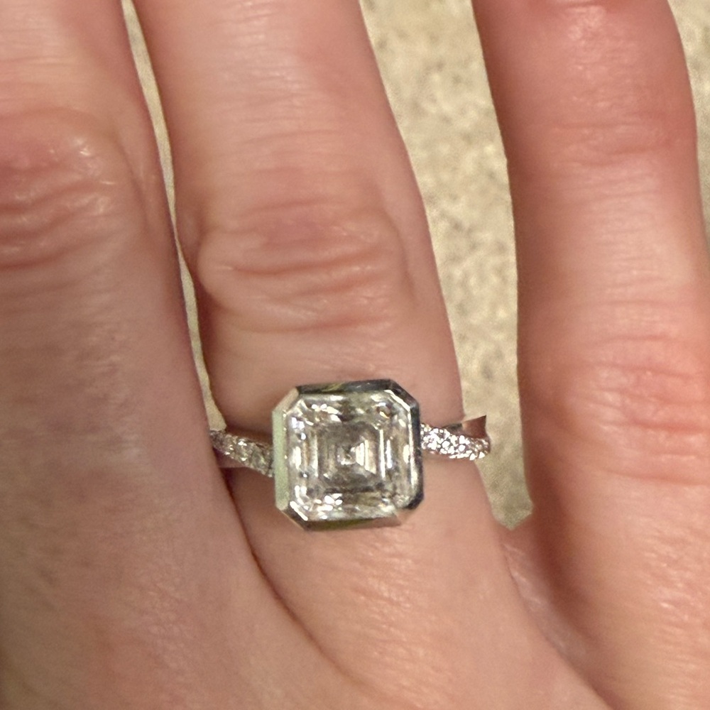 Platinum 2 carat asscher cut moissanite bezel set ring